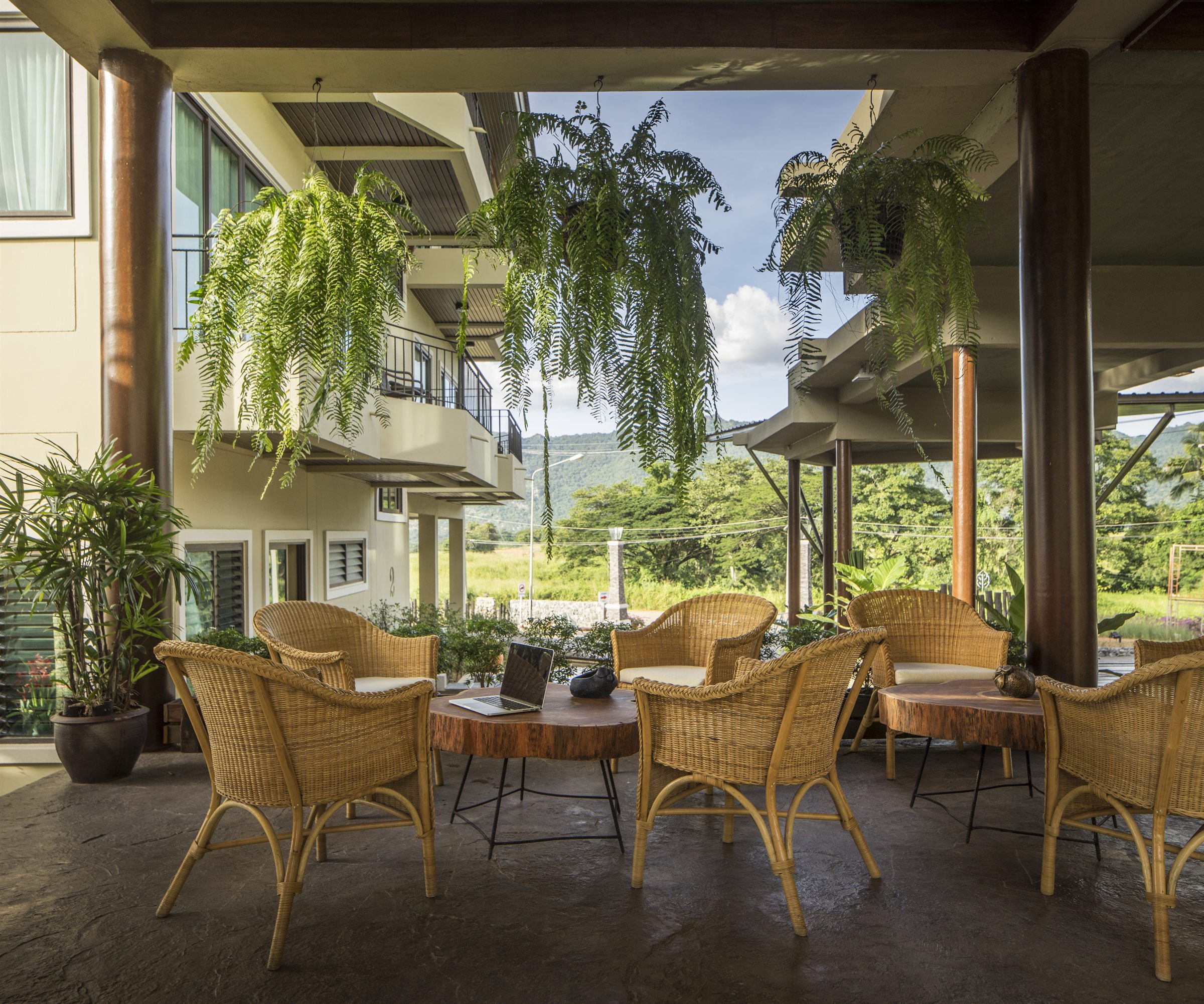 Rattan chairs and hanging plants in the cafe corner