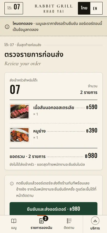 Review screen listing the table, the dishes and the total before sending