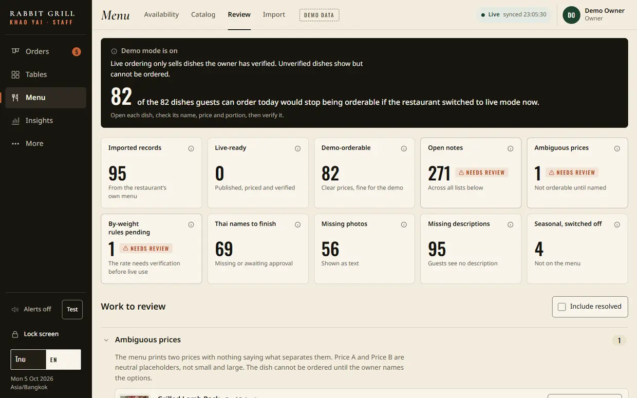 Review queue counting unverified items, missing Thai names and ambiguous prices