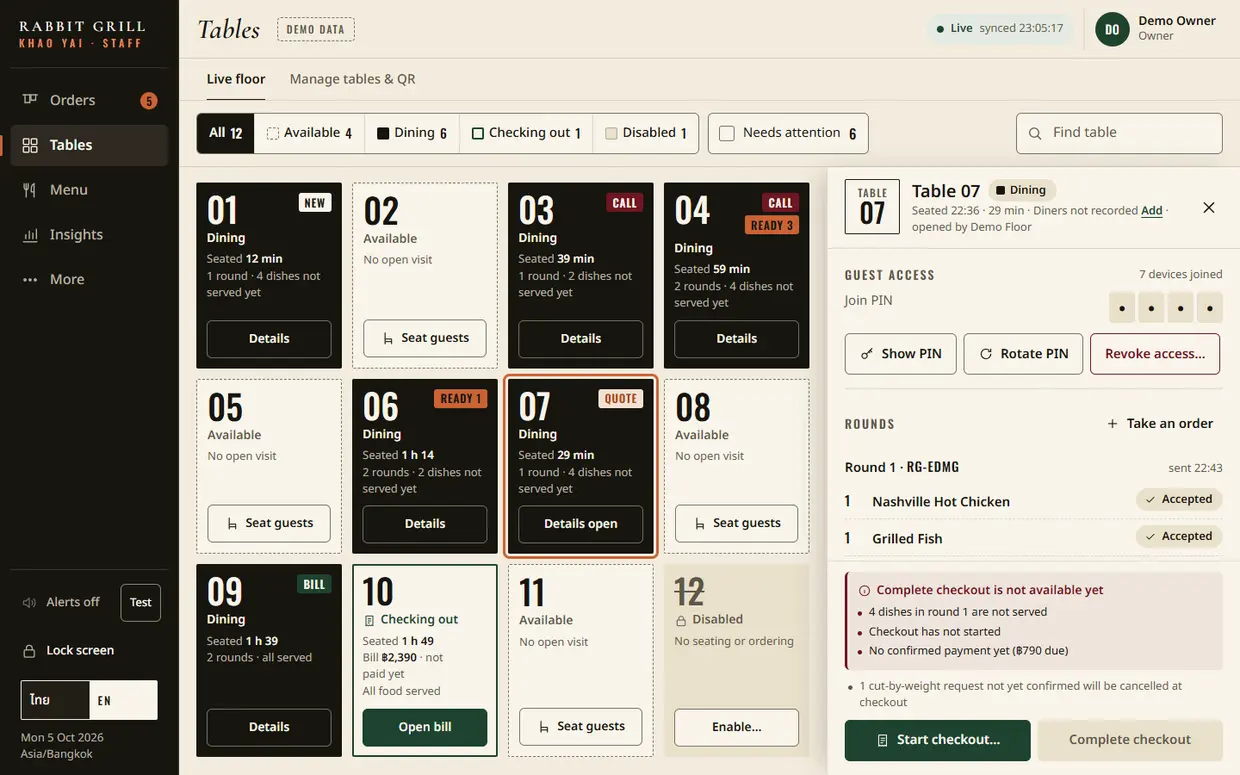 Table drawer showing the guest PIN, rounds and checkout blockers